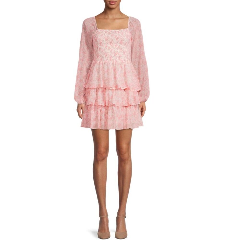 NEW Pink Floral Sz Jr Large Square Neck Smocked Tiered Frilly Dress MADDEN NYC